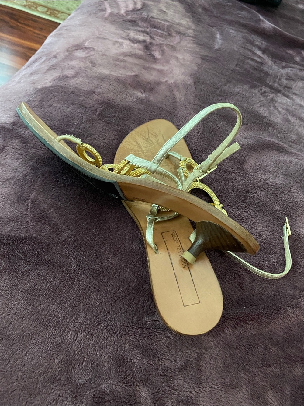 Michael Kors shoes Metallic Gold Ring-Embellished T-Strap Sandals - Picture 3 of 13
